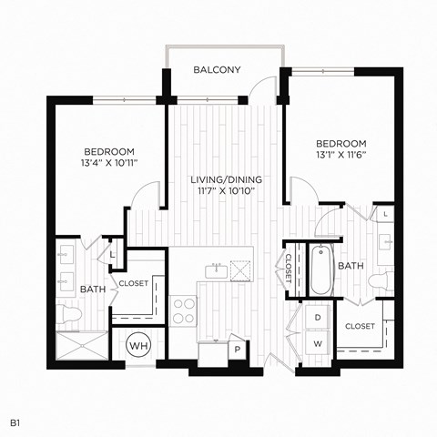 Floor plan for 2 beds, 2 baths, 970 sqft